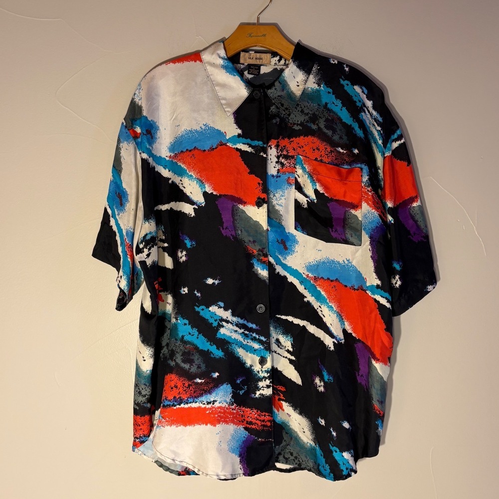 Vintage Silk House 80s Art Deco Abstract Silk Button Up Shirt Mens Large Black
